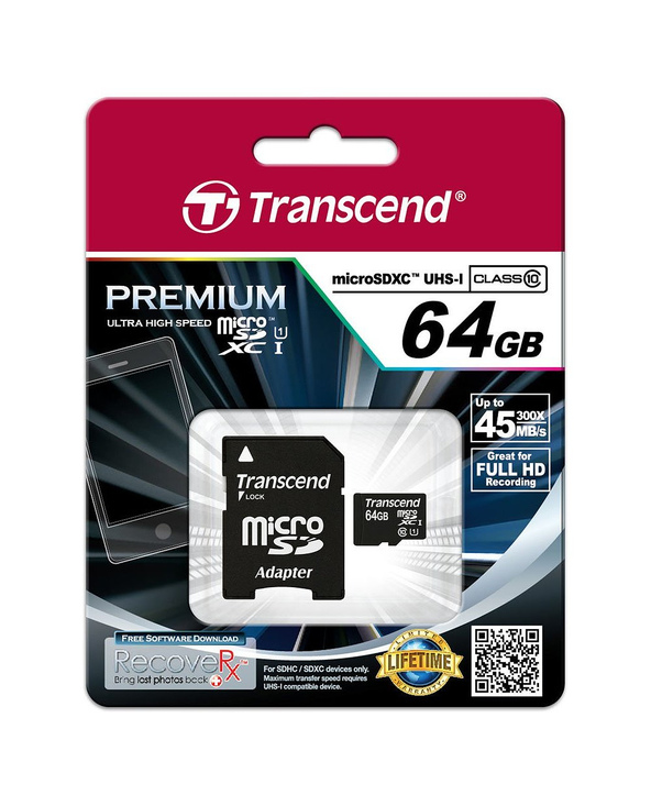 Transcend TS64GUSDU1 mémoire flash 64 Go MicroSDXC Classe 10 MLC