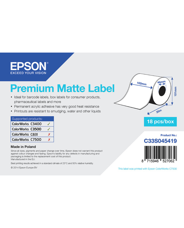 Epson Rouleau adhesif continu Premium Matte 102mm x 35 mm pour TM-C3400