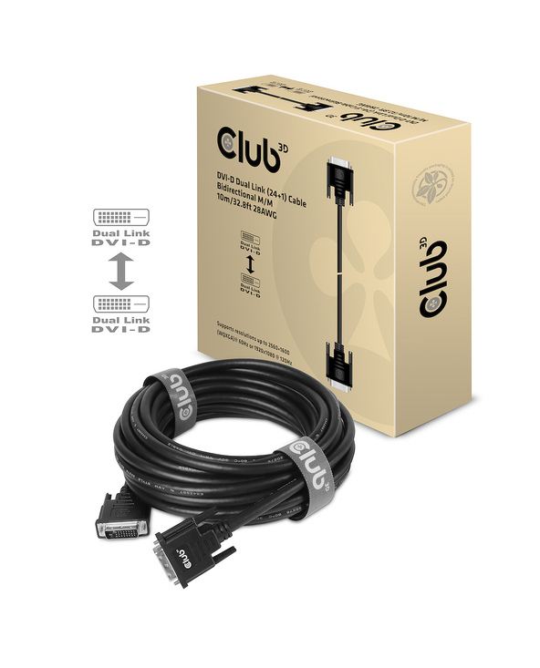 CLUB3D DVI-D DUAL LINK (24+1) CABLE BI DIRECTIONAL M/M 10m 32.8 ft 28AWG Noir
