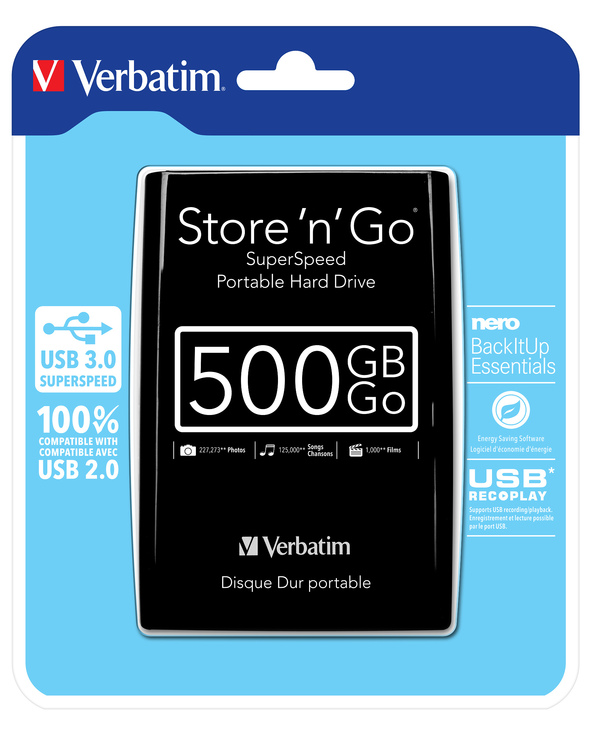 Verbatim Disque dur portable USB Store 'n' Go 3.0, 500 Go, noir