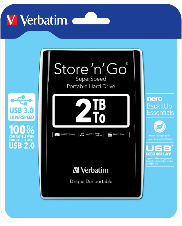 Verbatim Disque dur portable USB Store 'n' Go 3.0, 2 To, noir