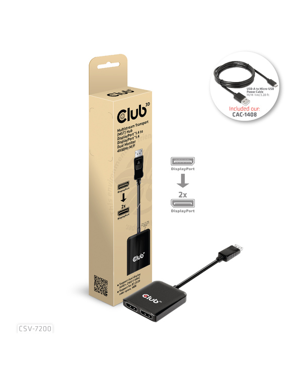 CLUB3D CSV-7200 répartiteur vidéo DisplayPort 2x DisplayPort