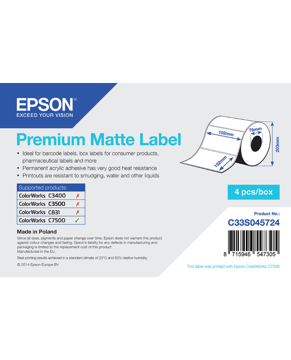 Epson Premium Matte Label - Die-cut Roll: 102mm x 152mm, 800 labels