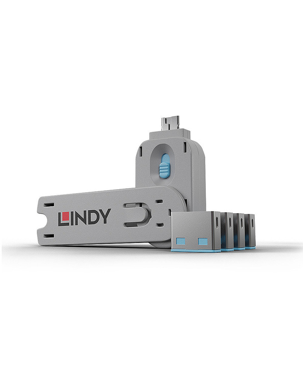 Lindy 40452 bloqueur de port Port blocker + key USB Type-A Bleu Acrylonitrile-Butadiène-Styrène (ABS) 5 pièce(s)