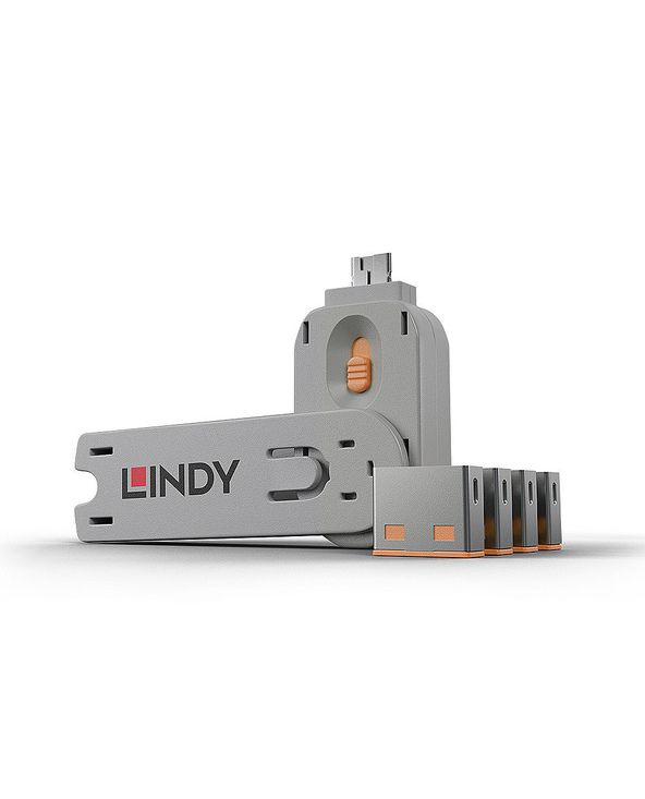 Lindy 40453 bloqueur de port Port blocker + key USB Type-A Orange Acrylonitrile-Butadiène-Styrène (ABS) 5 pièce(s)