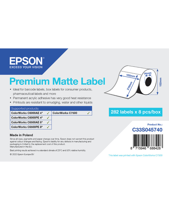Epson Premium Matte Label - Die-Cut Roll: 105mm x 210mm, 282 labels
