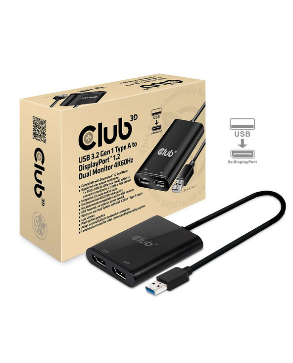 CLUB3D USB3.2 Gen1 Type A to 2x DisplayPort1.2 Dual Monitor 4K60Hz DisplayLink Video Splitter