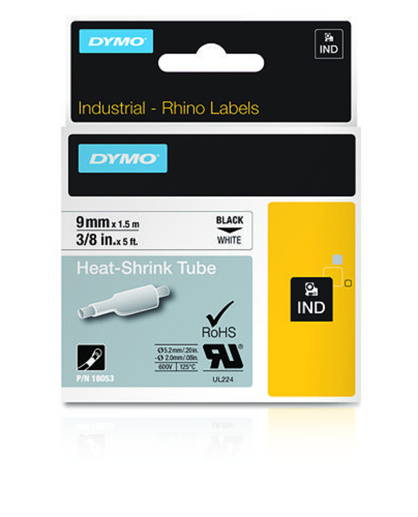 DYMO Etiquettes IND pour tubes thermorétractables - 9mm x 1,5m - Noir sur blanc