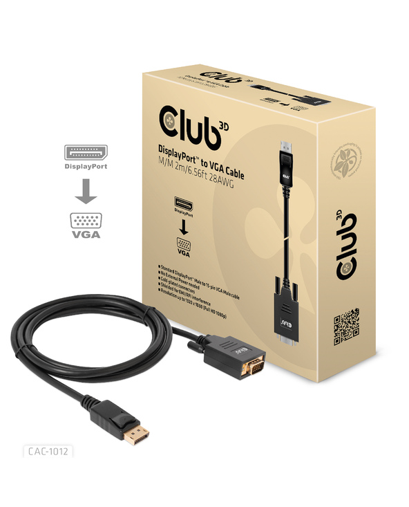 CLUB3D CAC-1012 câble vidéo et adaptateur 2 m DisplayPort VGA (D-Sub) Noir