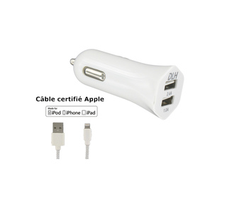 DLH CHARGEUR VOITURE 2 PORTS USB 12W AVEC CABLE APPLE LIGHTNING MFI POUR IPHONE ET IPAD