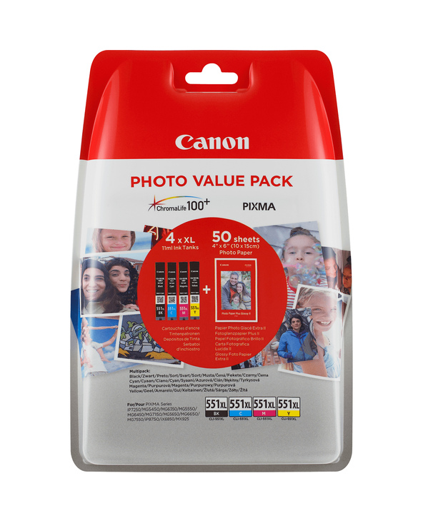 Canon Pack économique de papiers photo CLI-551XL BK/C/M/Y à haut rendement