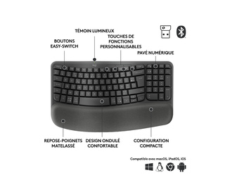 Logitech Wave Keys clavier ergonomique sans fil avec repose-poignets  rembourré