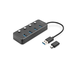 Digitus Hub USB 3.0, 4 ports, commutable, boîtier aluminium