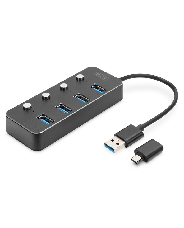 Digitus Hub USB 3.0, 4 ports, commutable, boîtier aluminium