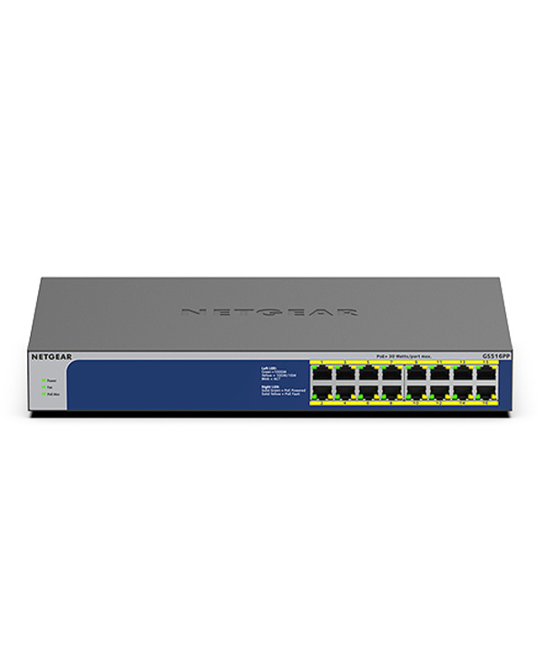 NETGEAR GS516PP Non-géré Gigabit Ethernet (10/100/1000) Connexion Ethernet, supportant l'alimentation via ce port (PoE) Bleu, Gr