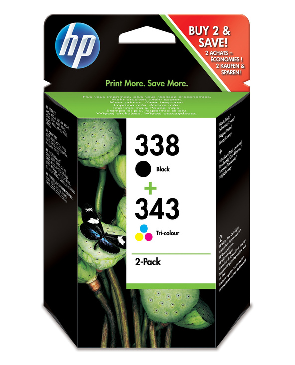 HP 338 (noir) / 343 (trois couleurs) pack de 2 cartouches d'encre authentiques