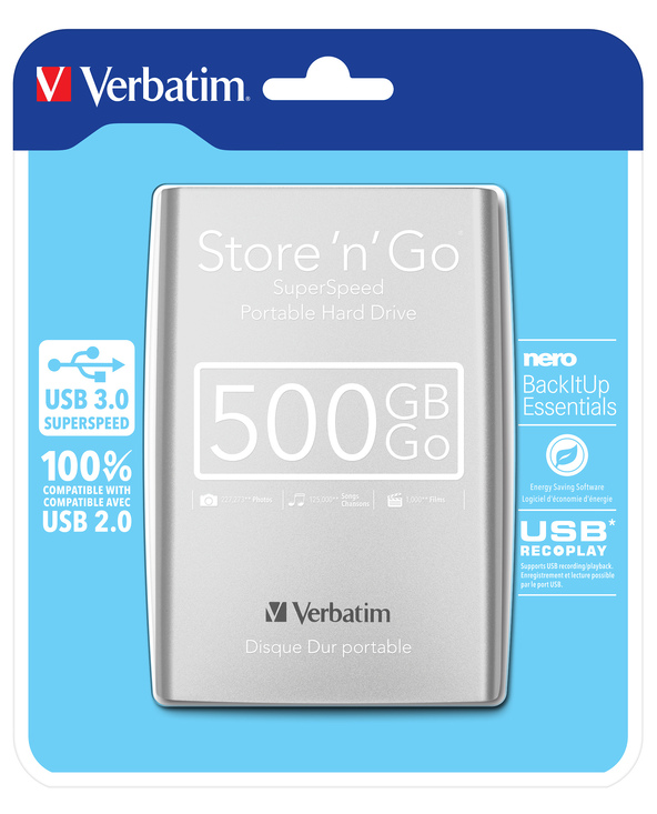 Verbatim Disque dur portable USB Store 'n' Go 3.0, 500 Go, argenté