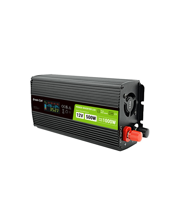 Green Cell Przetwornica napicia PowerInverter LCD 12 V 500W/1000W Przetwornica samochodowa z wywietlaczem - czysty sinus adaptat