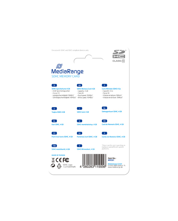 MediaRange 4GB SDHC 4 Go Classe 10