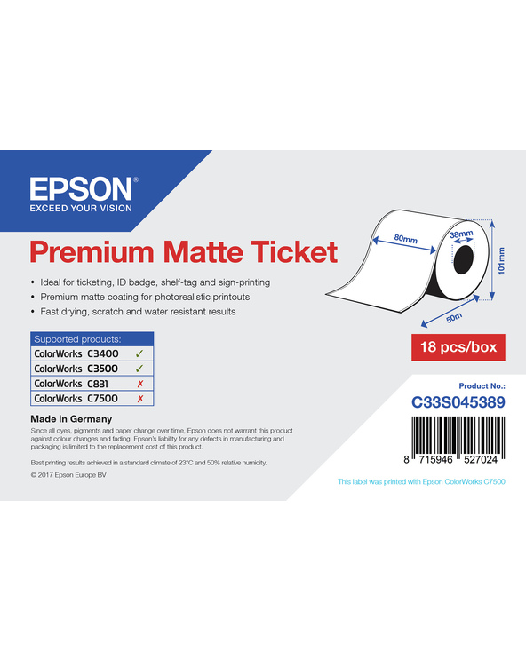Epson Rouleau d'étiquettes Premium Matte 80mm x 50mm pour TM-C3400
