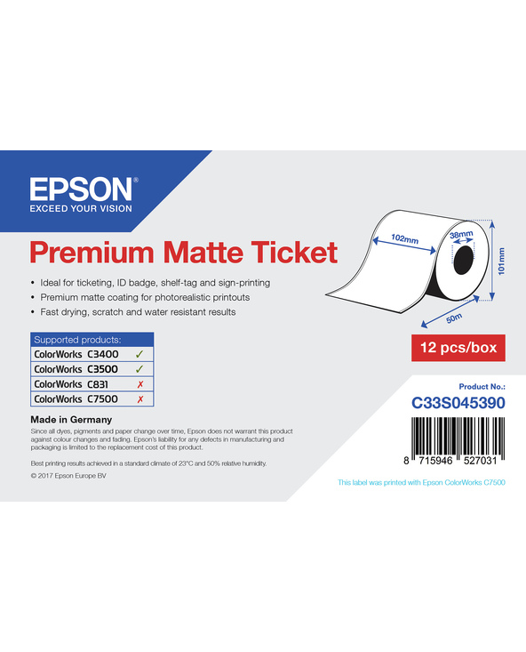 Epson Rouleau d'étiquettes Premium Matte 102mm x 50mm pour TM-C3400