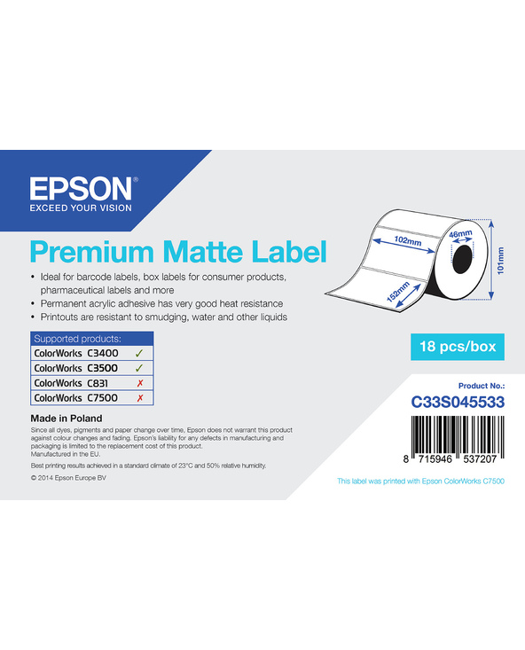 Epson Premium Matte Label - Die-cut Roll: 102mm x 152mm, 225 labels Epson Premium Matte Label - Die-cut Roll: 102mm x 152mm, 225 labels