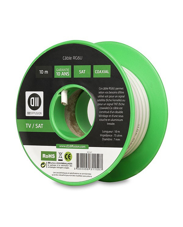 D2 Diffusion D2BOB10 câble coaxial RG-6/U 10 m Blanc