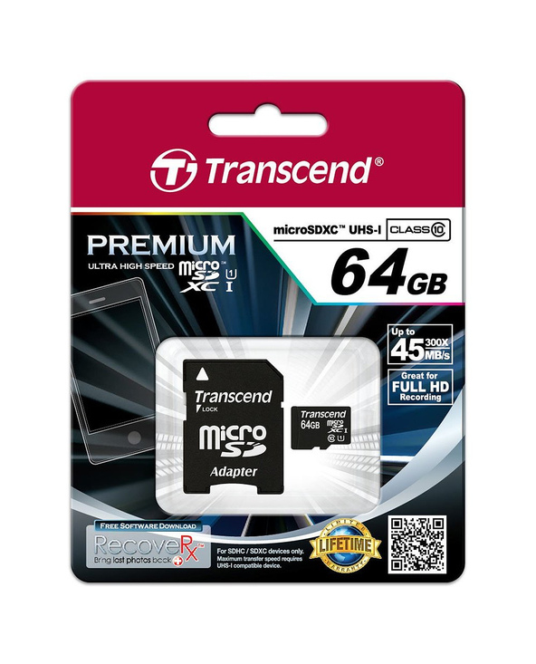 Transcend TS64GUSDU1 mémoire flash 64 Go MicroSDXC MLC Classe 10