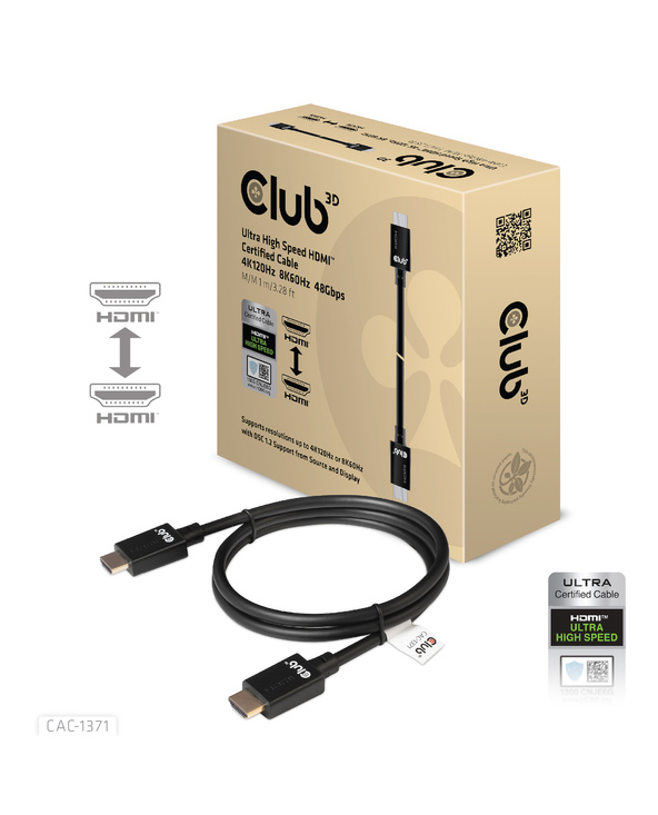 CLUB3D Ultra High Speed HDMI 4K120Hz, 8K60Hz Certified Cable 48Gbps M/M 1 m/3.28 ft