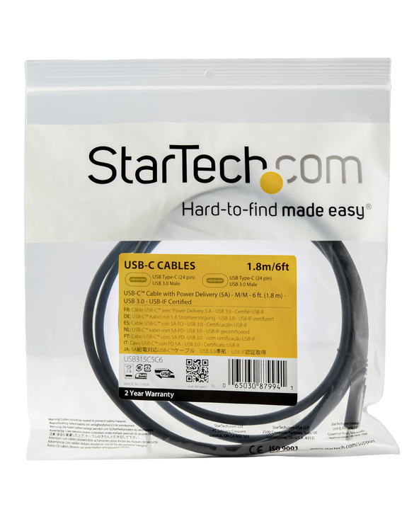 StarTech.com Câble USB C vers USB C de 1,8 m - 5A, 100W PD 3.0 - Certifié Works With Chromebook - Certifié USB-IF - M/M - USB 3.