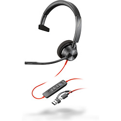 POLY Micro-casque Blackwire 3310 monaural USB-C certifié Microsoft Teams + adaptateur USB-C/A