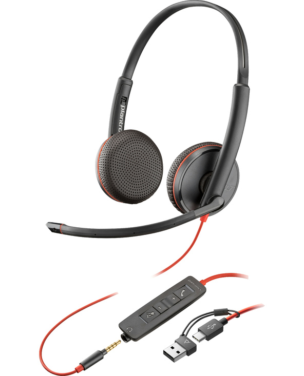 POLY Micro-casque stéréo USB-C Blackwire 3225 + prise 3,5 mm + adaptateur USB-C/A (lot)
