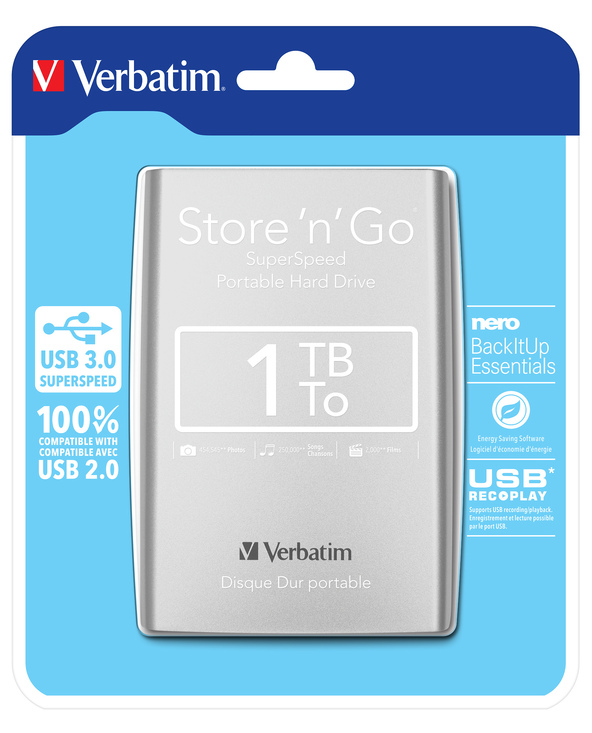 Verbatim Disque dur portable USB Store 'n' Go 3.0, 1 To, Argenté