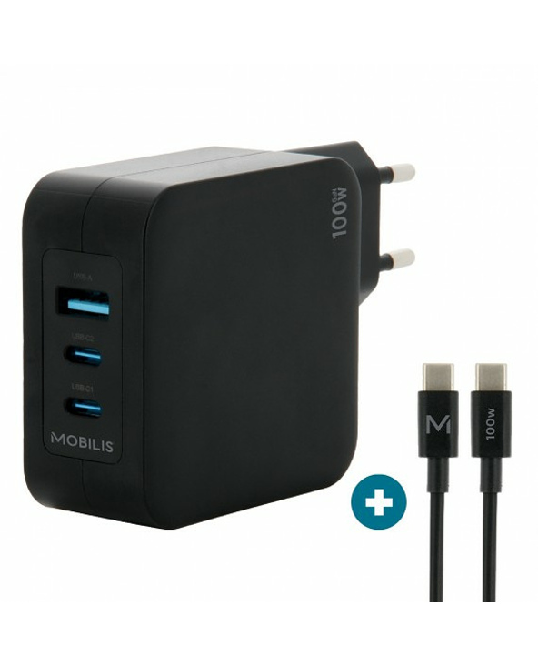 Mobilis Charger 100W 2USB C 1USBA GaN cable 100W Ordinateur portable, Smartphone, Tablette Noir Secteur Intérieure