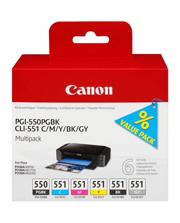 Canon Multipack de 6 cartouches d'encre PGI-550/CLI-551 PGBK/C/M/Y/BK/GY
