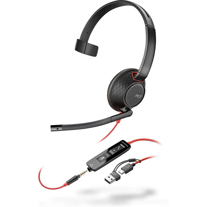 POLY Micro-casque monaural USB-C Blackwire 5210 + prise 3,5 mm + adaptateur USB-C/A