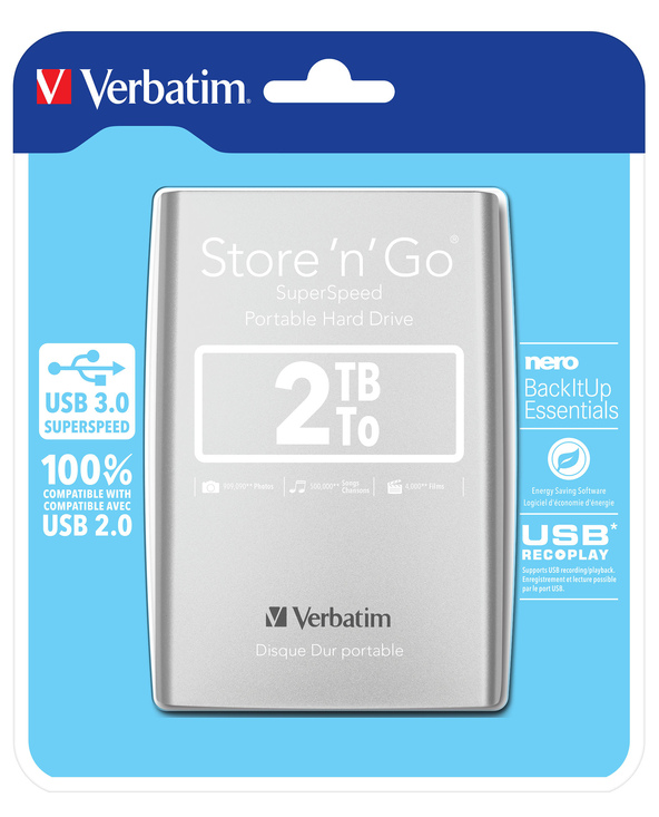 Verbatim Disque dur portable USB Store 'n' Go 3.0, 2 To, Argenté