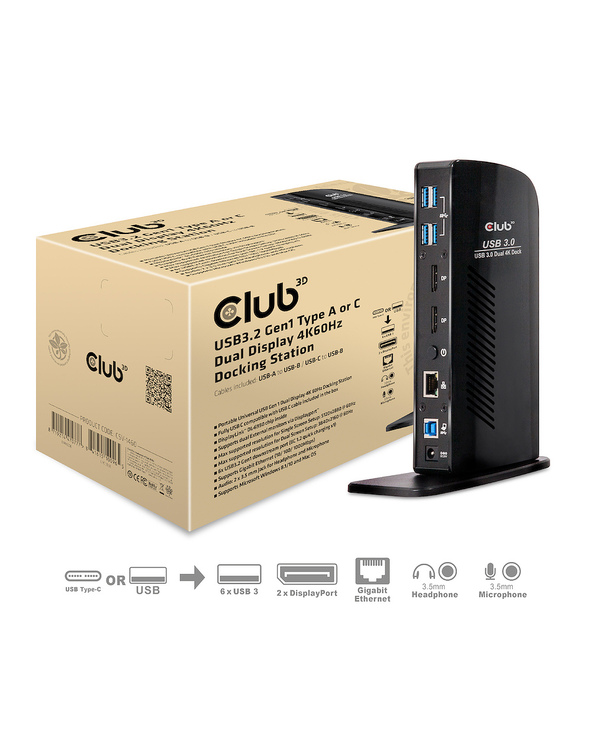 CLUB3D USB3.2 Gen1 Type A or C Dual Display 4K60Hz Docking Station DisplayLink Certified