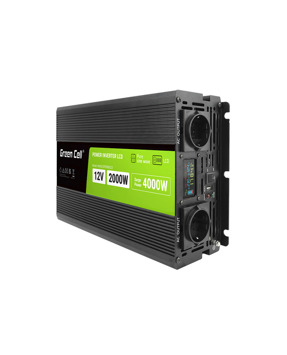 Green Cell Przetwornica napicia PowerInverter LCD 12 V 2000W/40000W Przetwornica samochodowa z wywietlaczem - czysty sinus adapt