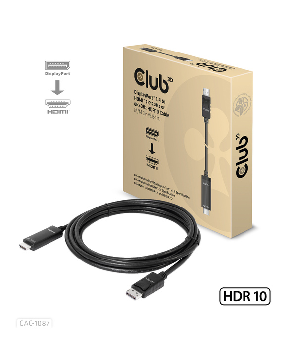 CLUB3D CAC-1087 câble vidéo et adaptateur 3 m DisplayPort HDMI Noir