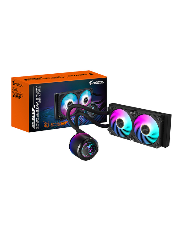 Gigabyte Refroidisseur de CPU liquide AIO AORUS WATERFORCE X II 240 - 2 ventilateurs ARGB 120 mm, écran LCD couleur complet, méc