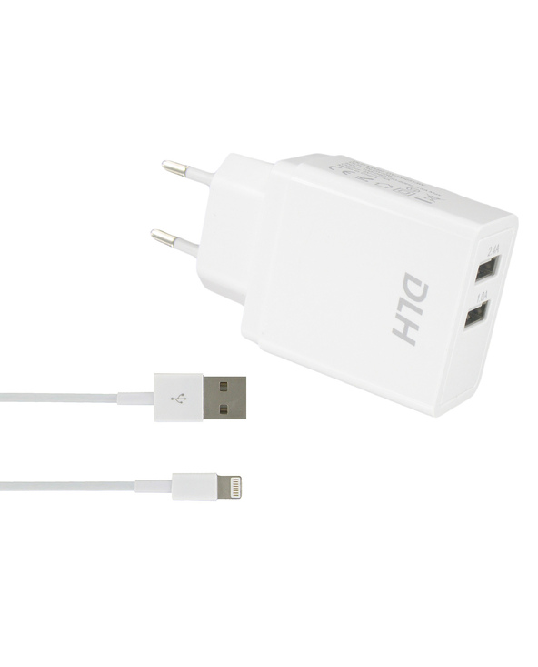 DLH CHARGEUR SECTEUR 2 PORTS USB 12W AVEC CABLE APPLE LIGHTNING POUR IPHONE ET IPAD