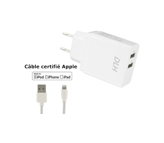 DLH CHARGEUR SECTEUR 2 PORTS USB 12W AVEC CABLE APPLE LIGHTNING MFI POUR IPHONE ET IPAD