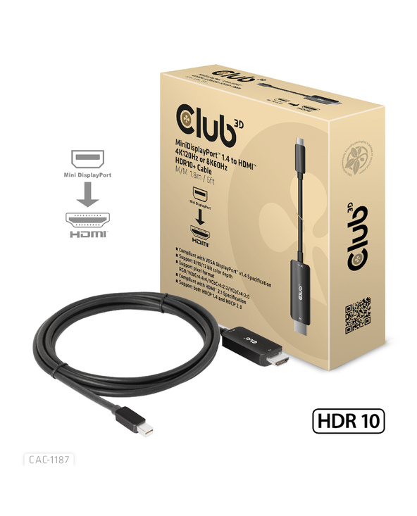 CLUB3D CAC-1187 câble vidéo et adaptateur 1,8 m Mini DisplayPort HDMI Noir