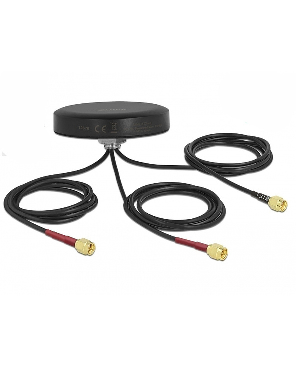 DeLOCK Antenne LTE MIMO deux bandes WLAN 802.11 ac/ax/a/h/b/g/n, 3 x SMA mâles, RG-174, 1 m montage extérieur par vis, noire