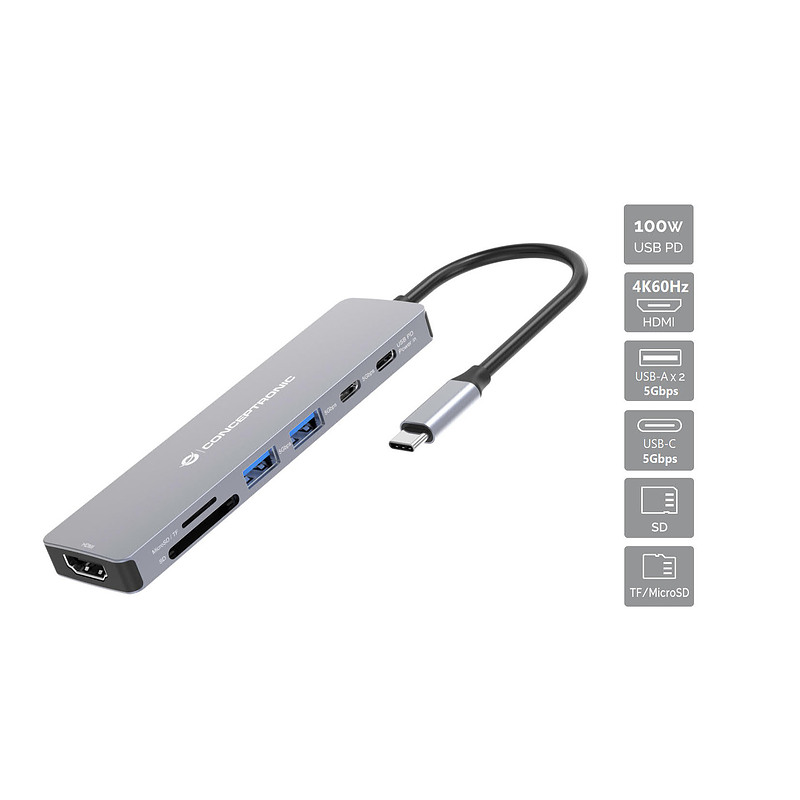 Conceptronic DONN28G station d'accueil Avec fil USB 3.2 Gen 1 (3.1 Gen 1) Type-C Gris