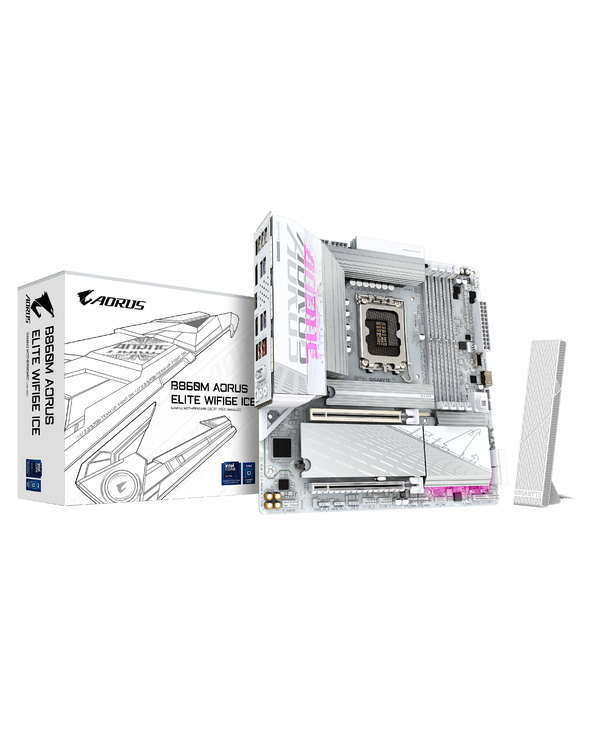 GIGABYTE B860M AORUS ELITE WF6E ICE Carte mère - Processeurs Intel Core Ultra, VRM 12+1+2+1 phases, jusqu'à 9200MHz DDR5, 1xPCIe