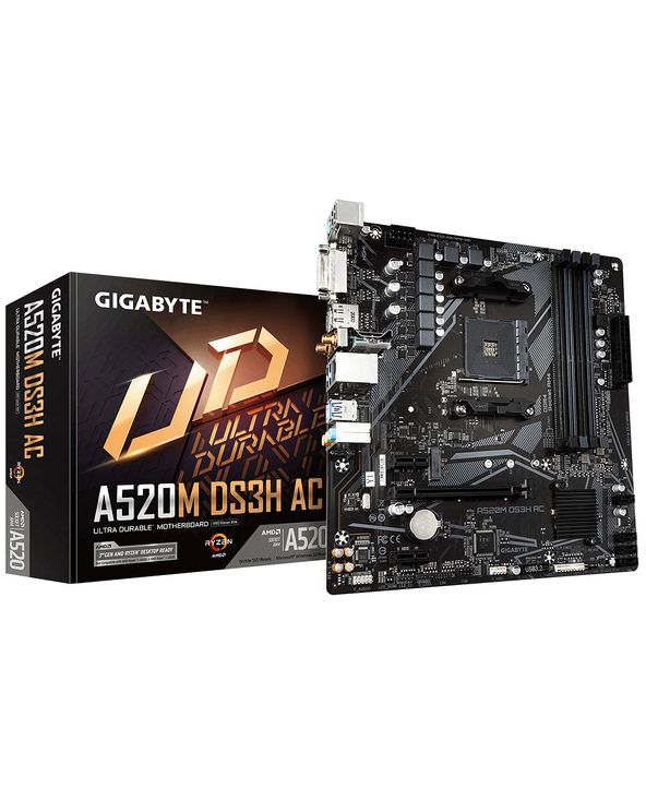 GIGABYTE A520M DS3H AC Carte Mère - Processeurs AMD Ryzen 5000 Series, VRM 5+3 phases, jusqu'à 4733 MHz DDR5 (OC), 1xPCIe 3.0 M.