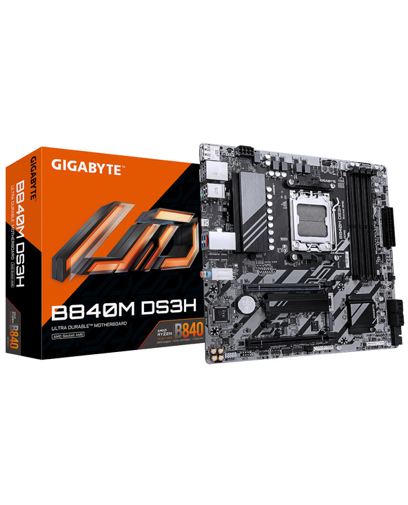 GIGABYTE B840M DS3H Carte mère - Processeurs AMD Ryzen 9000, VRM 8+2+2 phases, jusqu'à 8200 MHz DDR5, 2xPCIe 4.0 M.2, LAN 2.5GbE