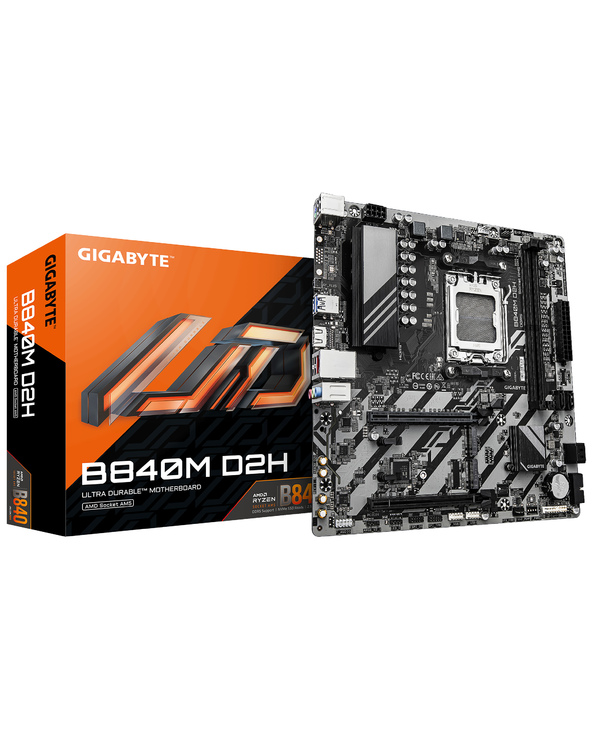 GIGABYTE B840M D2H Carte mère - Processeurs AMD Ryzen 9000, VRM 5+2+2 phases, jusqu'à 7600 MHz DDR5, 1xPCIe 4.0 + 1xPCIe 3.0 M.2